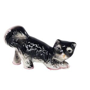 Vintage Ceramic Cat Figurine Black & White Stretch Pose Curled Tail Kitsch